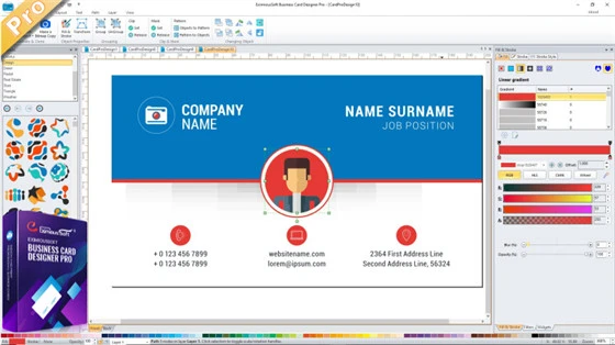 Main Interface and boxshot of Business Card Designer Pro